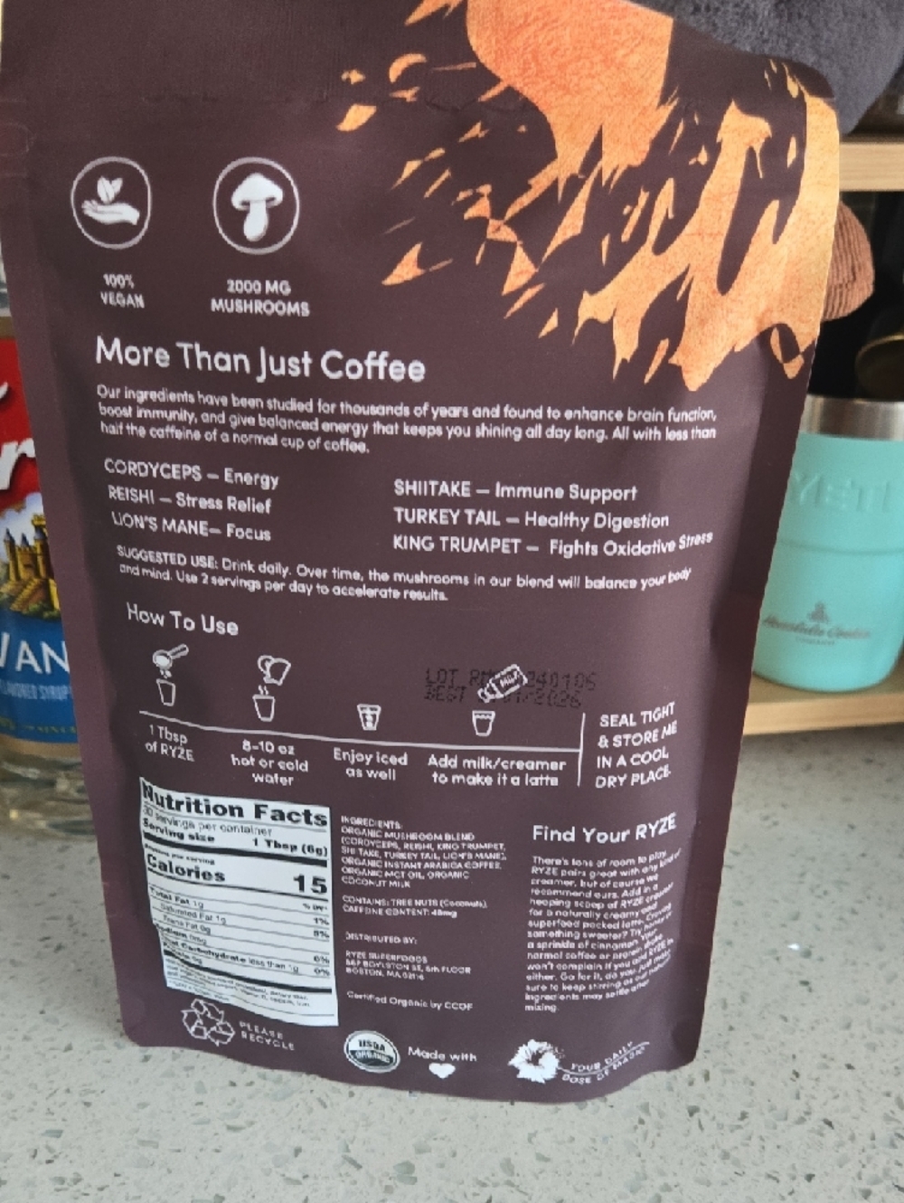 RYZE Mushroom Coffee - Brown and Orange Floral Pouch - Picture 2 of 4